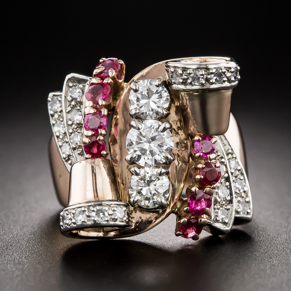 Retro Diamond And Ruby Rose Gold Ring, Size 4 1/2