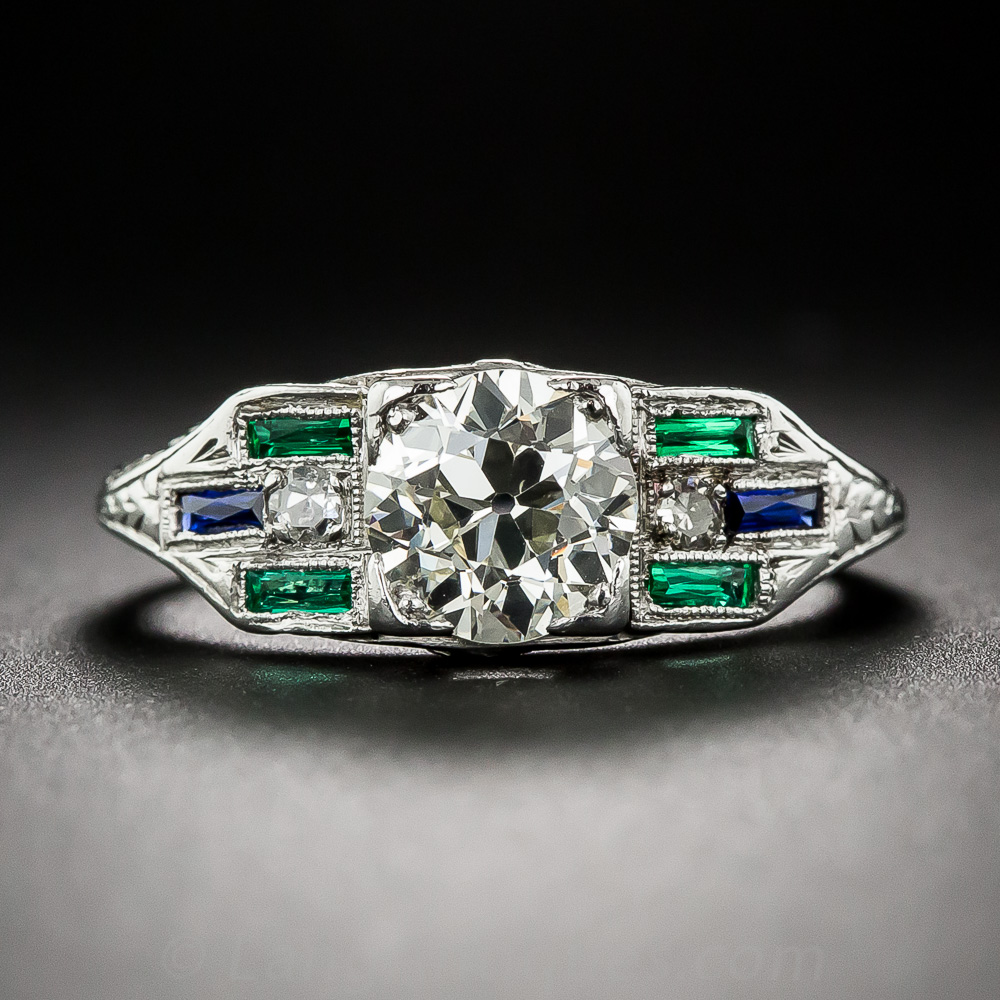 107 Carat Diamond Emerald And Sapphire Art Deco Engagement Ring