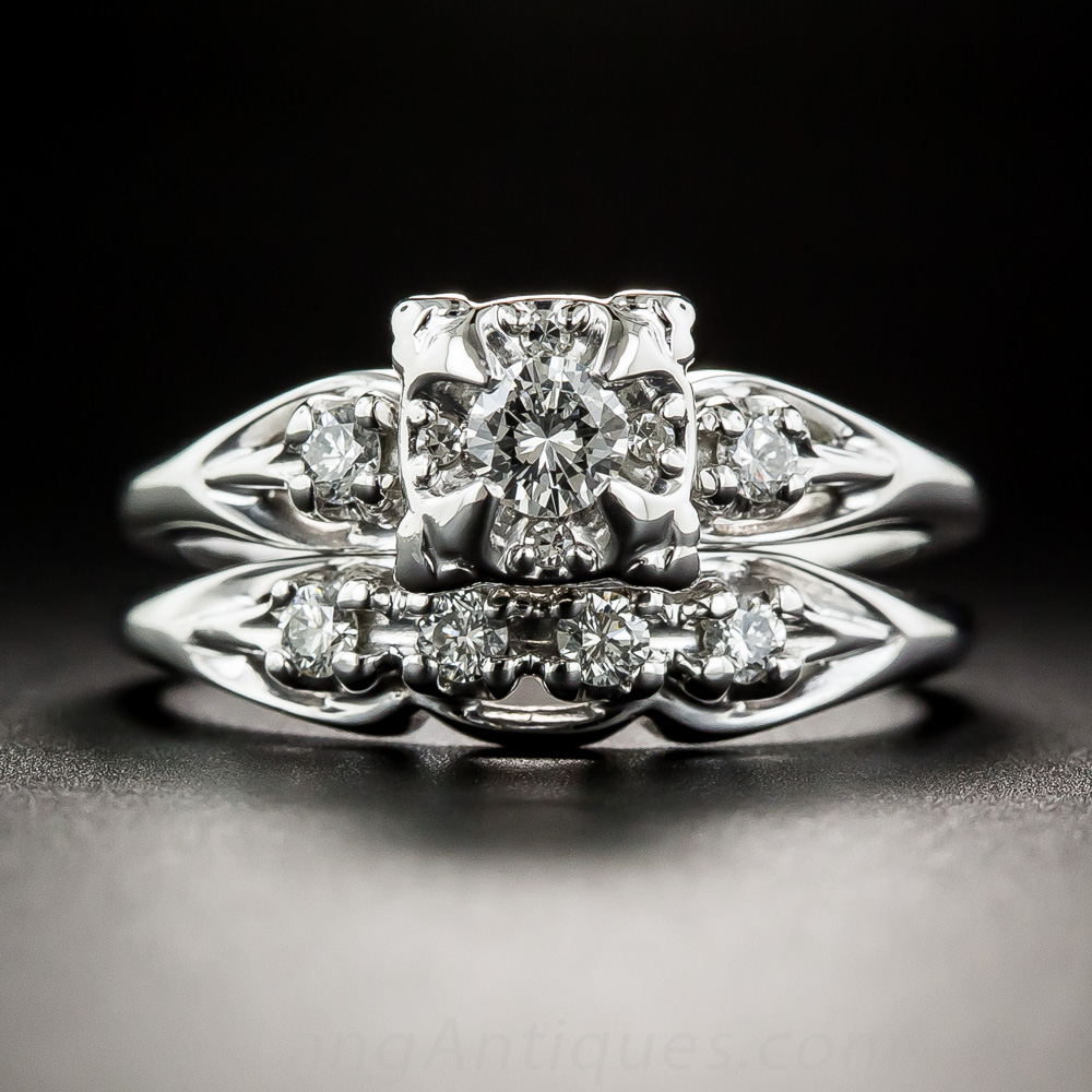 18K White Gold Vintage Diamond Wedding Set - Vintage Diamond Engagement