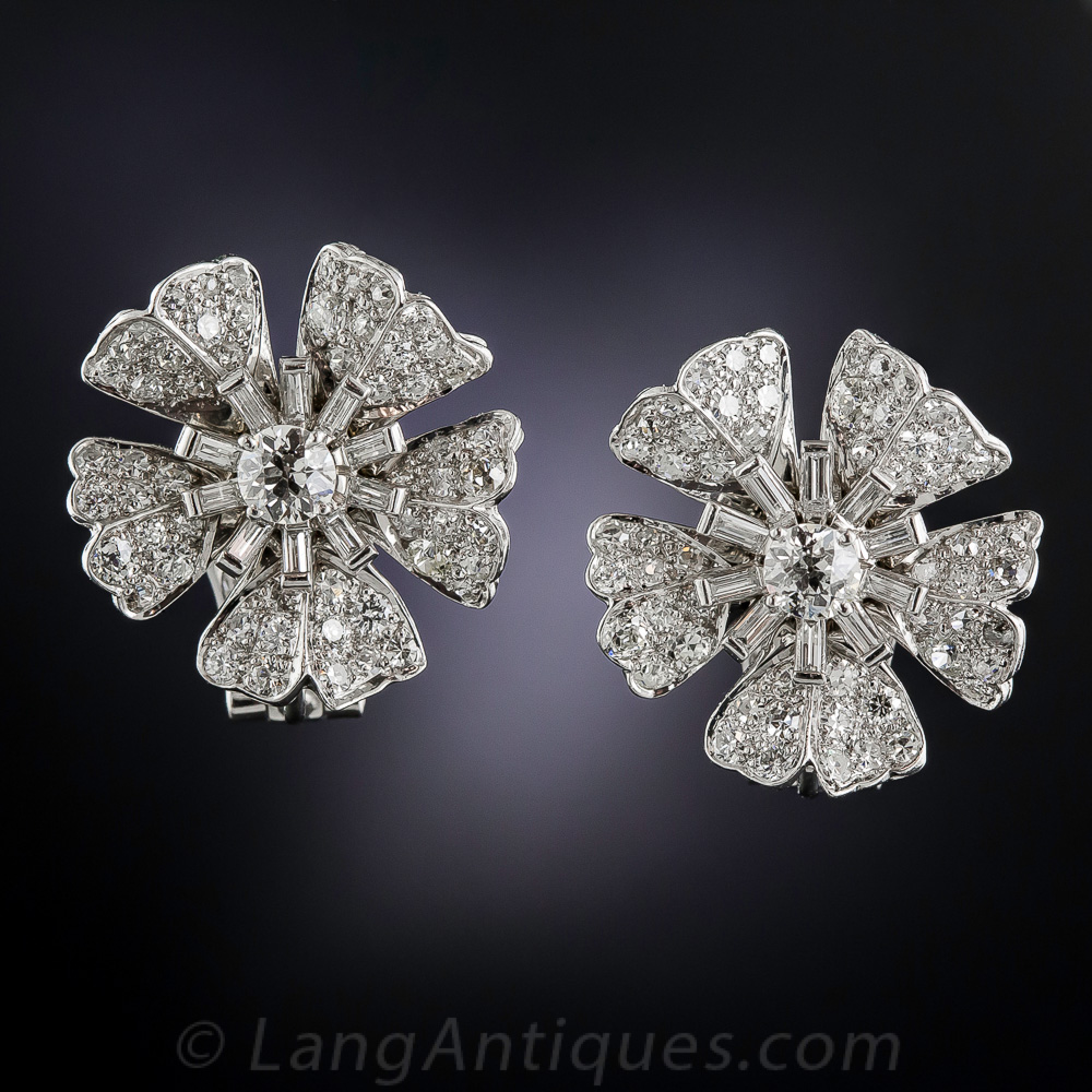 1930s Platinum and Diamond Flower Earclips