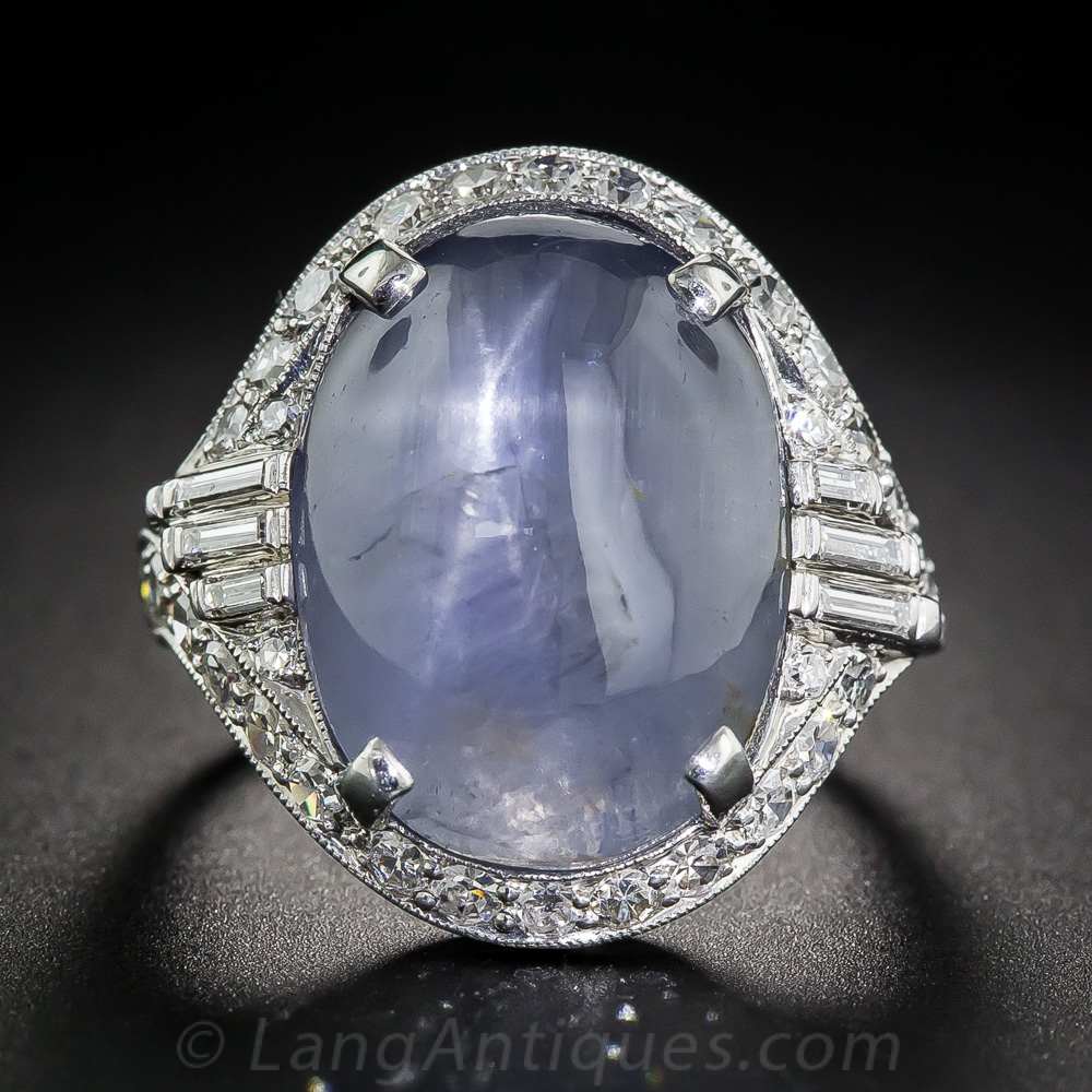 20 Carat Cabochon Sapphire Platinum Diamond Art Deco Ring