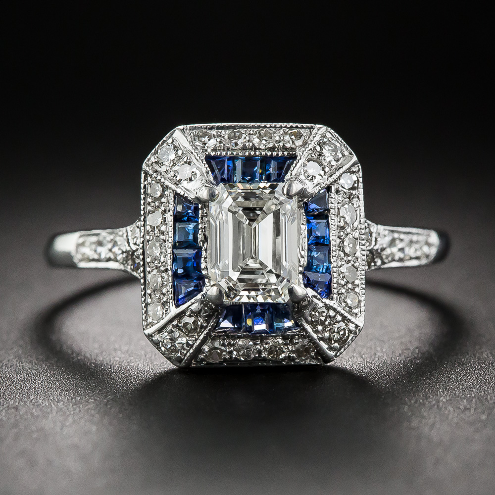 .69 Carat Emerald-Cut Art Deco Style Diamond and Calibre Sapphire Ring