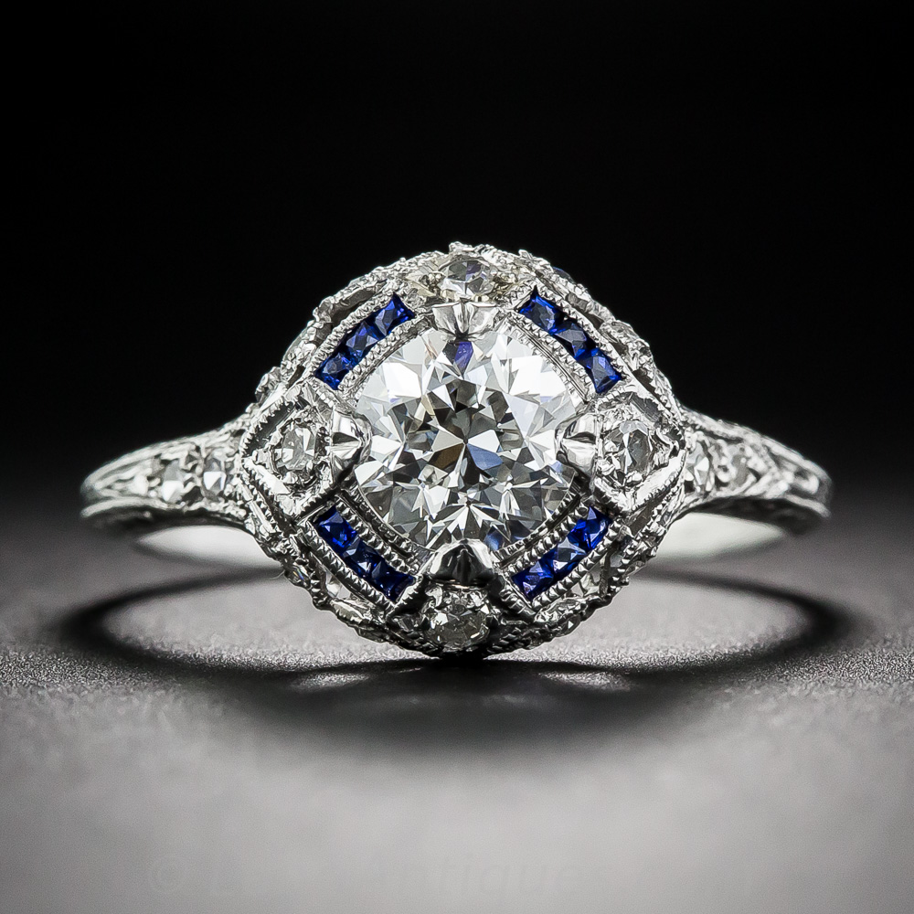 .90 Carat Diamond and Calibre Sapphire Art Deco Engagement Ring