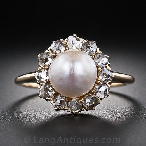 Antique Natural Bouton Pearl and Diamond Ring