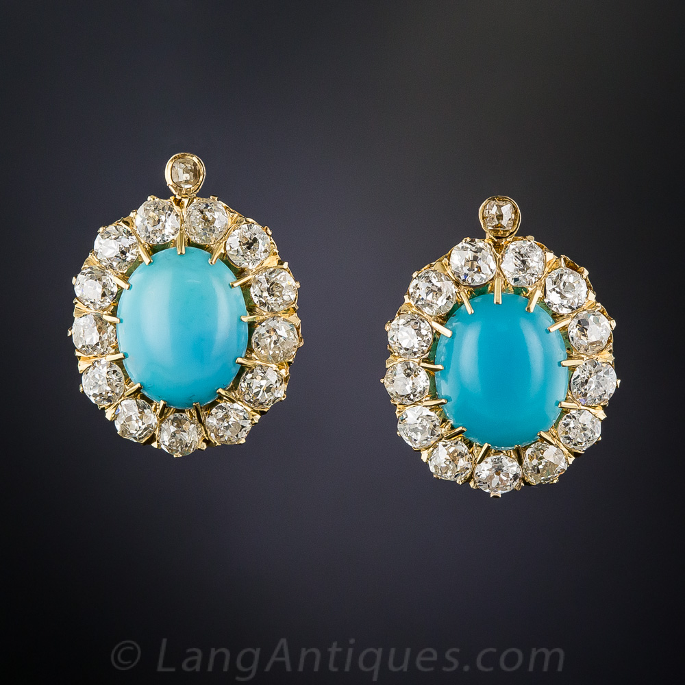 Antique Turquoise And Diamond Halo Earrings 1 20 1 10105 