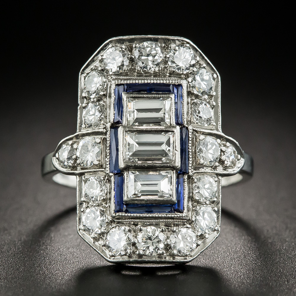 Art Deco Diamond Sapphire Platinum Dinner Ring
