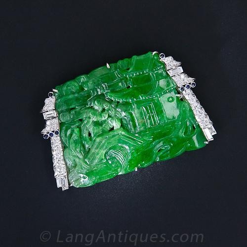 Art Deco Japanesque Carved Jade Pin