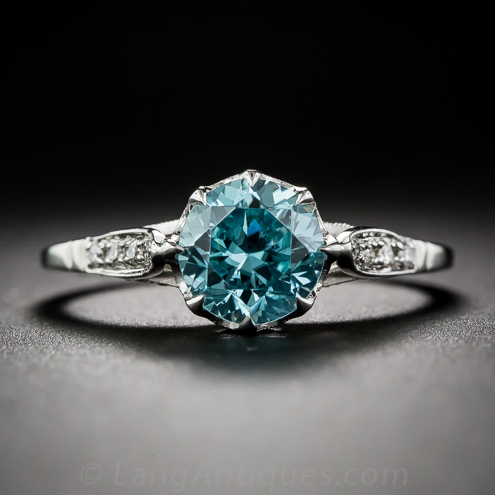 Blue Zircon and Diamond Solitaire Ring