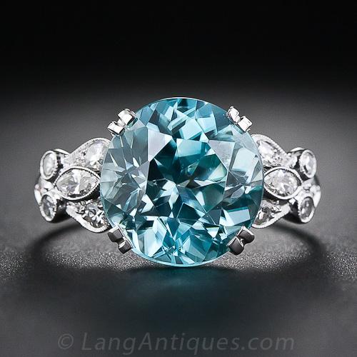 Blue Zircon, Platinum and Diamond Ring