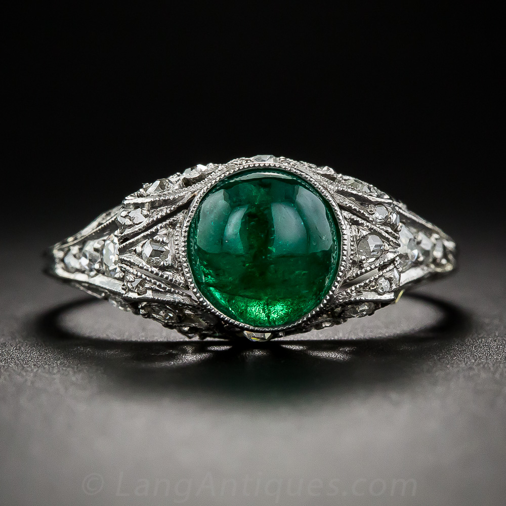 Cabochon Emerald and Diamond Early Art Deco Ring