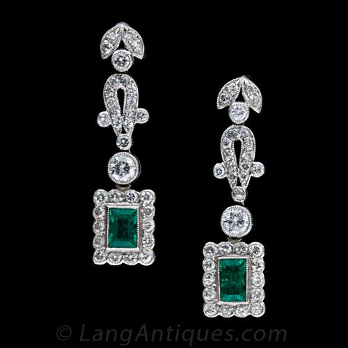 Deco Style Emerald and Diamond Drop Earrings