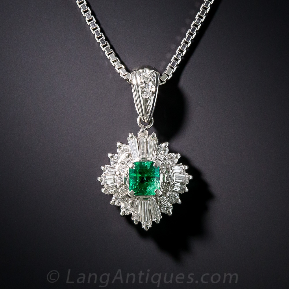Estate Platinum Emerald and Diamond Drop Necklace