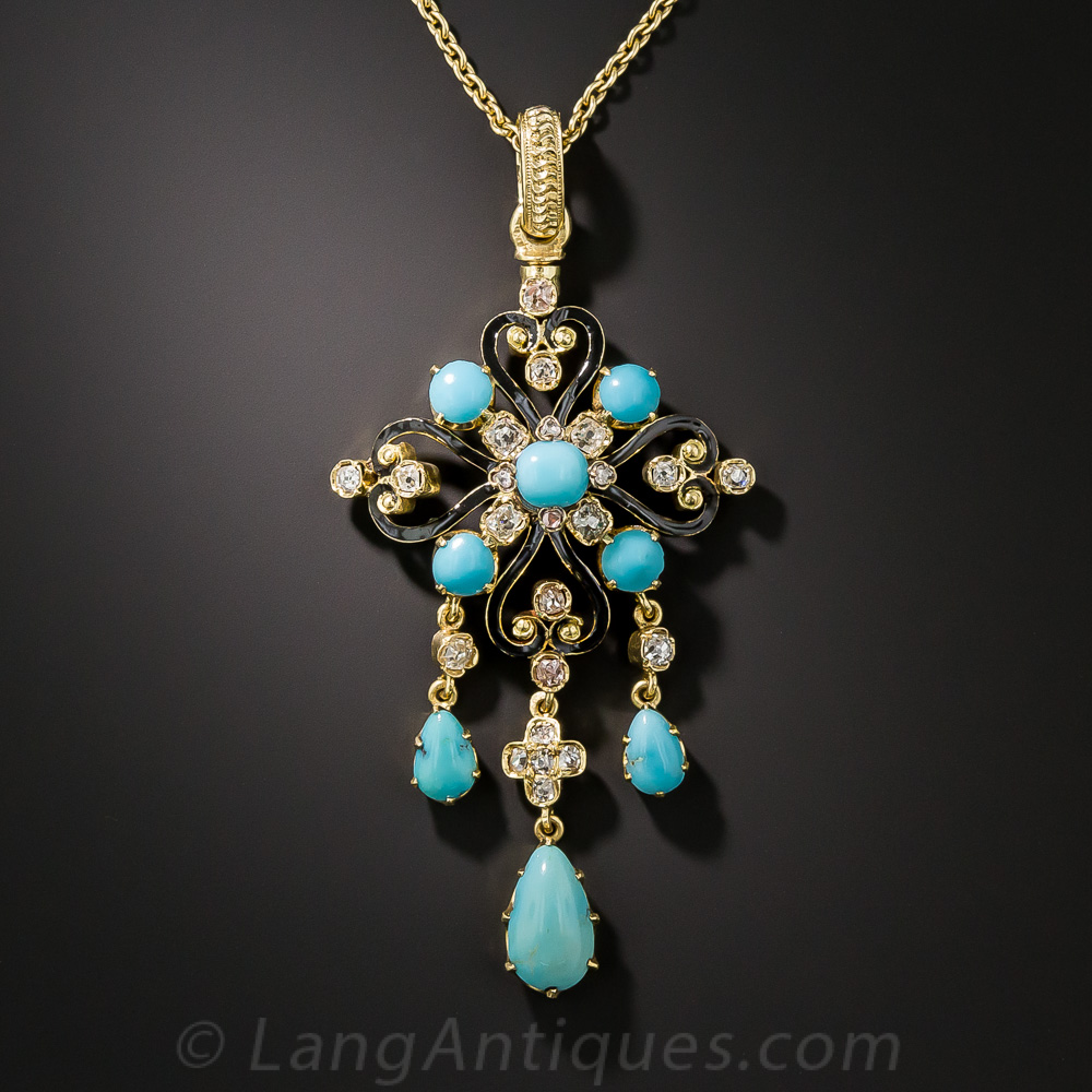 French Antique Turquoise, Enamel and Diamond Pendant Necklace
