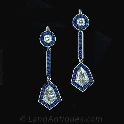 French Deco Style Diamond Sapphire Drop Earrings