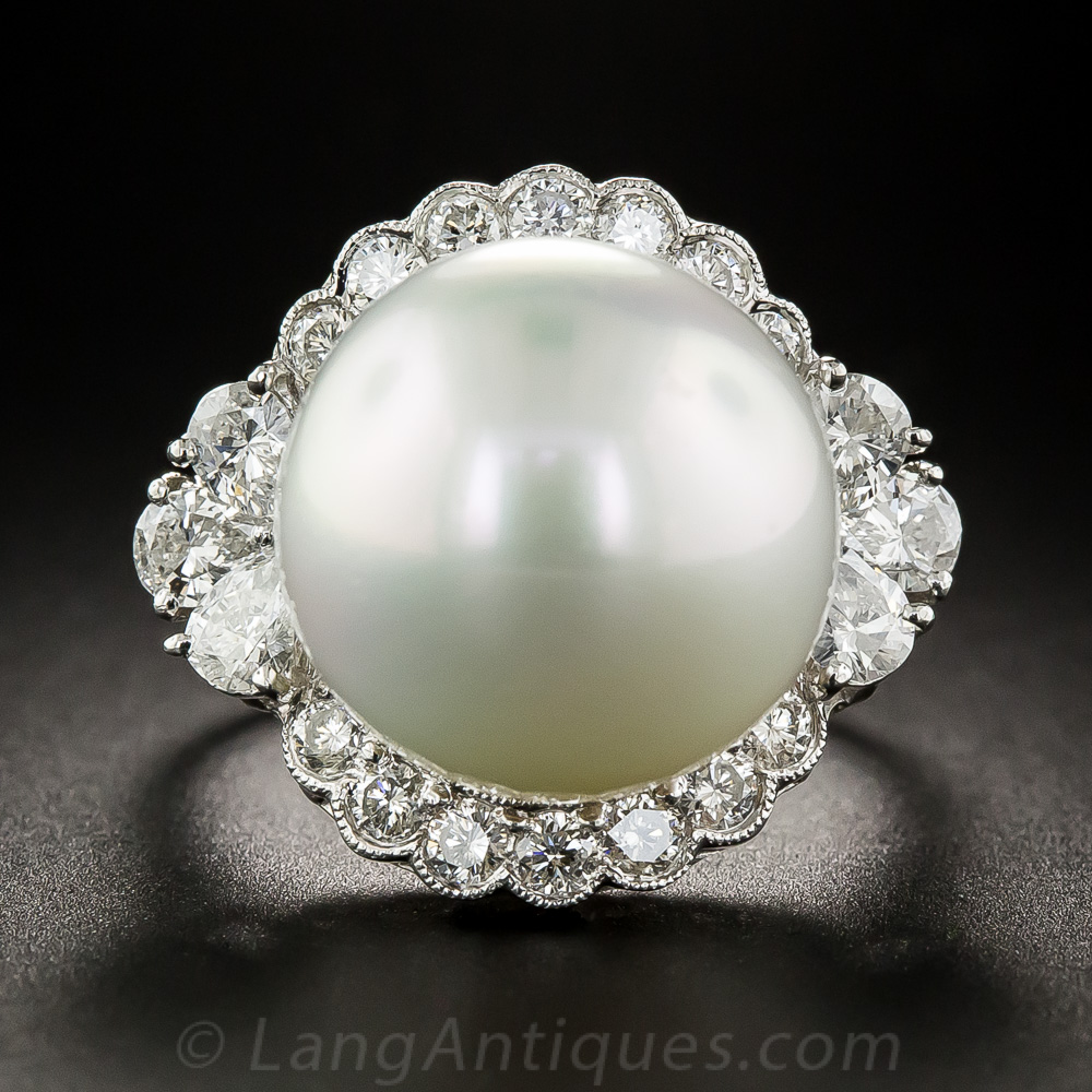 Large South Sea Pearl Platinum and Diamond Ring