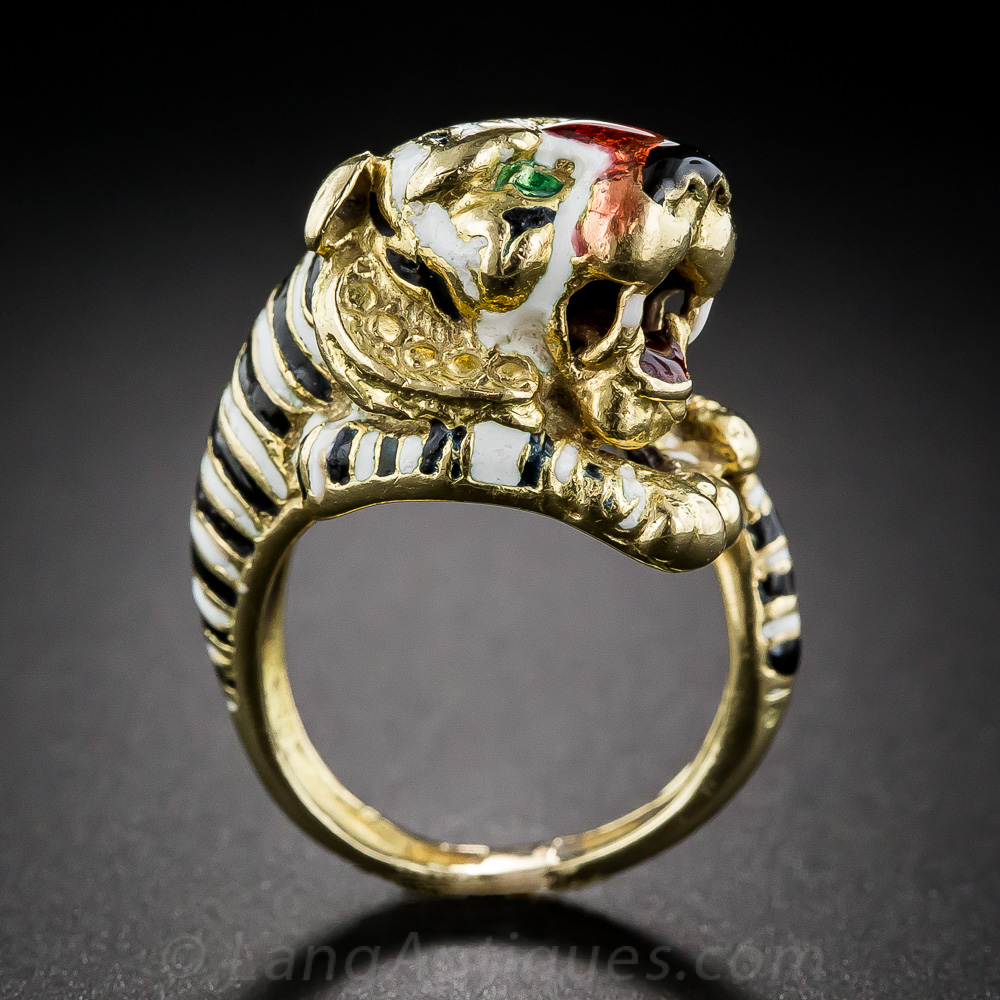 Mid-Century 14K Gold and Enamel Tiger Ring