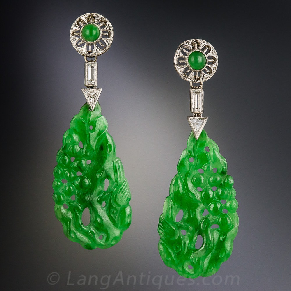 Natural Burmese Jadeite Carved and Diamond Art Deco Drop Earrings
