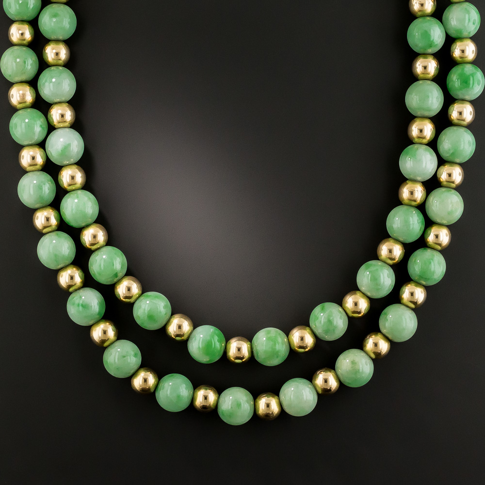 Natural Jade and Gold Bead Necklace - Antique & Vintage Necklaces - Vintage Jewelry