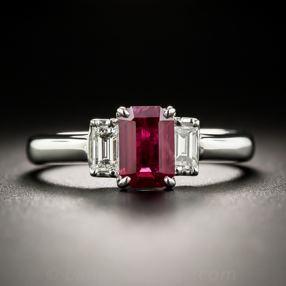Platinum Emerald-Cut Ruby and Diamond Ring - Vintage Engagement Rings