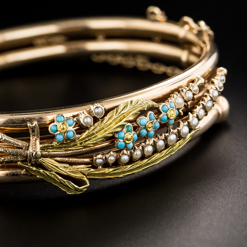 Victorian Rose Gold Turquoise and Seed Pearl Bangle Bracelet - Antique