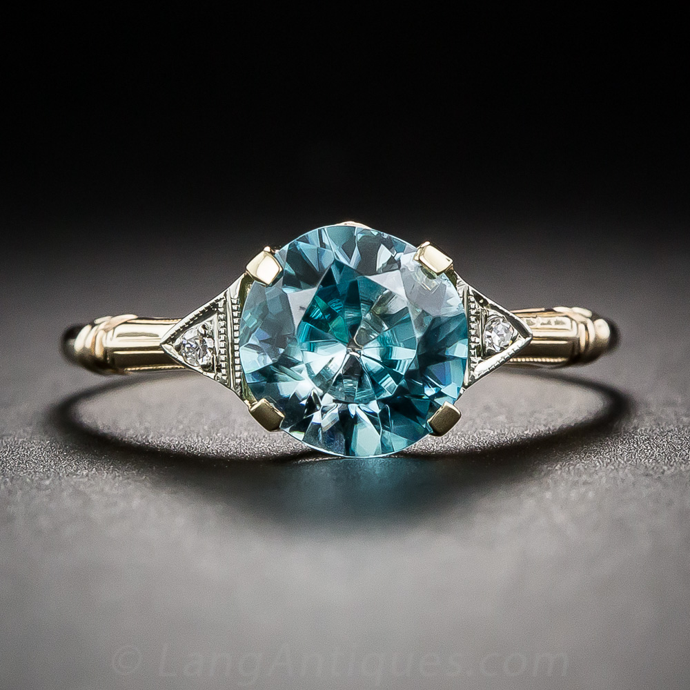 Vintage 14k Gold Blue Zircon and Diamond Ring