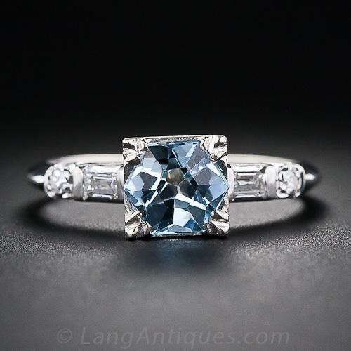 Vintage Aquamarine and Diamond Solitaire Ring