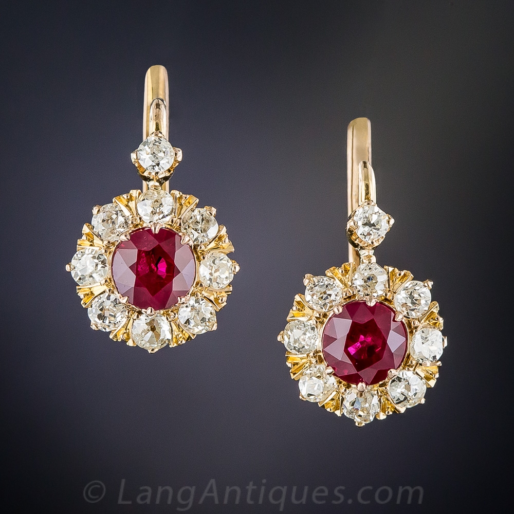 Vintage Ruby and Diamond Halo Cluster Earrings