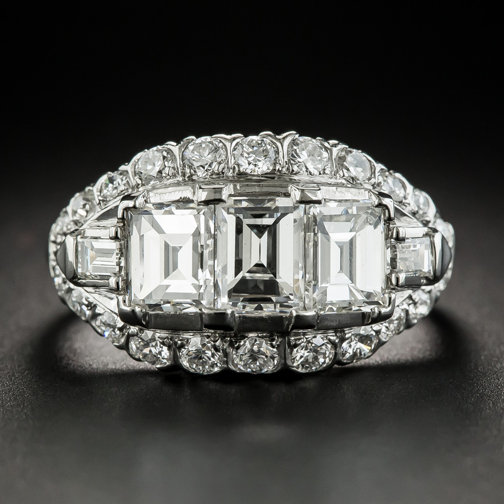 Vintage Three-Stone Emerald-Cut Diamond Platinum Engagement Ring