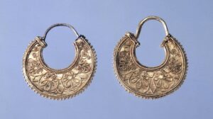 Greek Gold Crescent Earrings Decorated with Applied Wire Palmettes and Granulation. c.450-400 B.C., Greece.