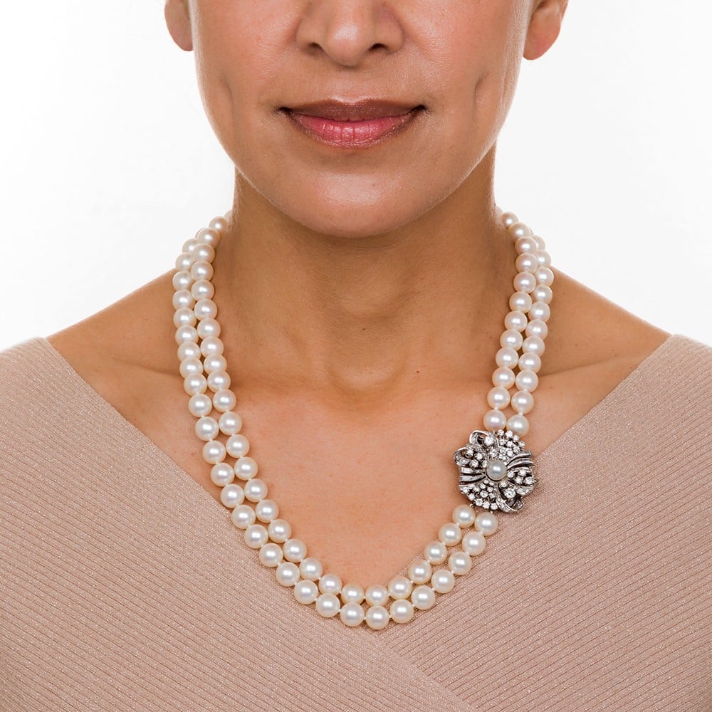 Double Strand Pearl Necklace with Diamond Clasp in 1 #514422, Double  Necklace Clasp 