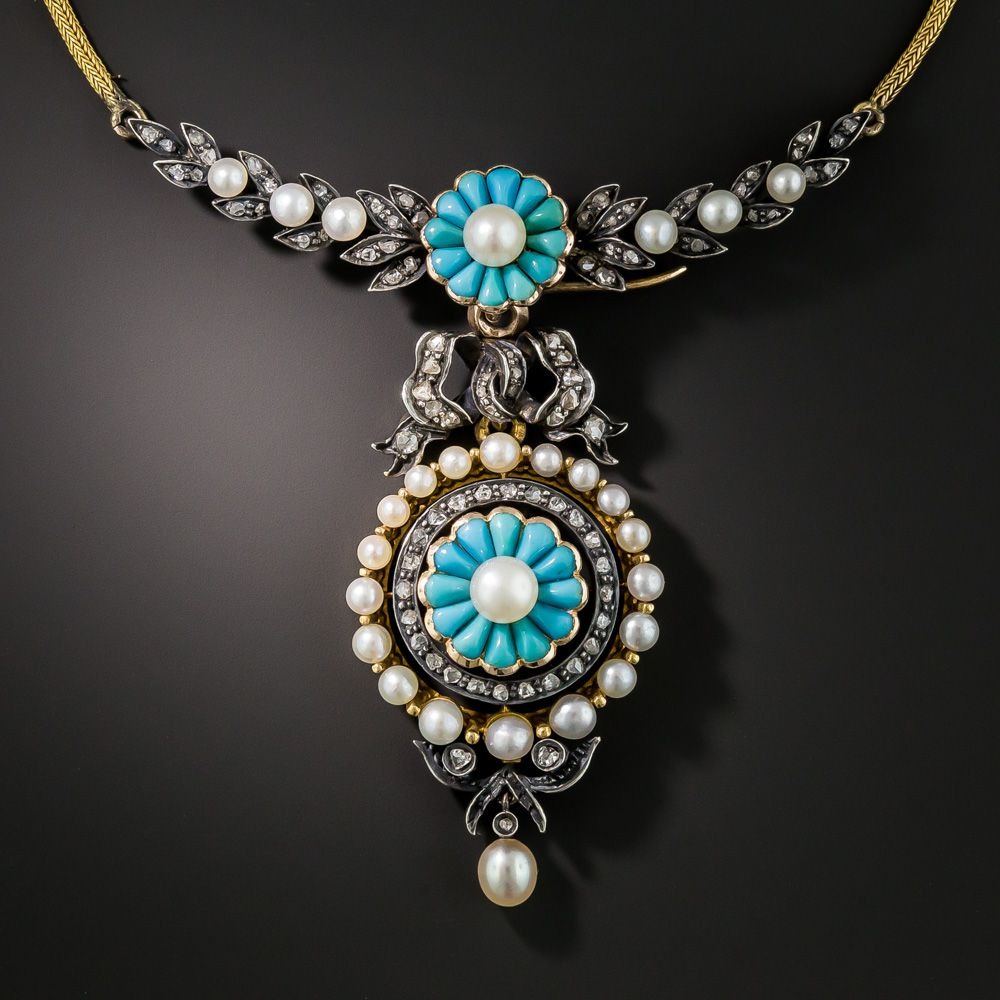 French Antique Turquoise, Pearl, and Diamond Necklace.